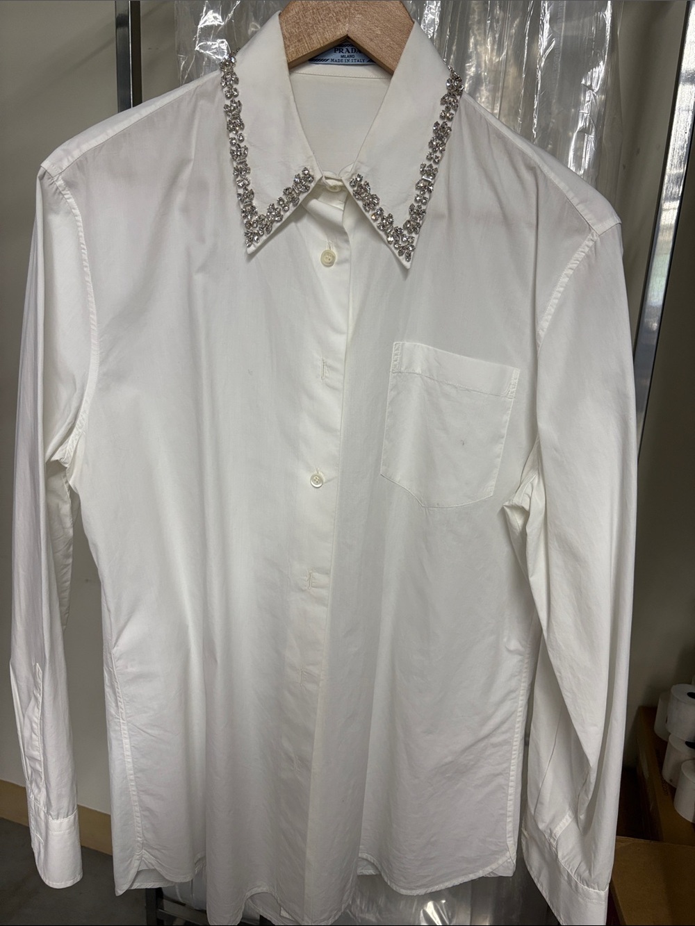 Prada White Woman’s Dress Shirt with Jeweled Collar